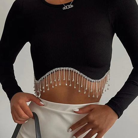 Rhinestone Tassel Cropped Tops Women Slim Solid - Premium  from vistoi shop - Just $34.99! Shop now at vistoi shop