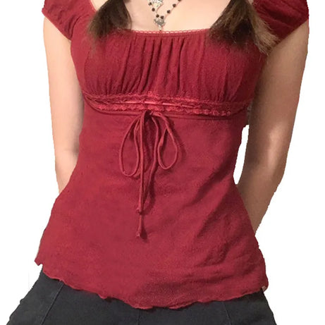 Aesthetic Sweet Lace Tops Women Off Shoulder Drawstring T-shirt - Premium  from vistoi shop - Just $26.99! Shop now at vistoi shop